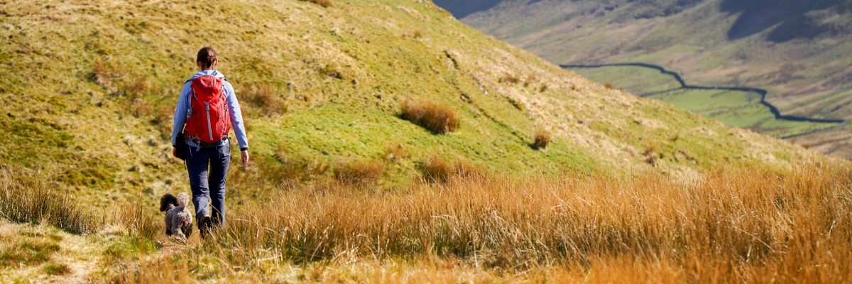 A woman with a red backpack walks a small dog along a grassy trail in a sunny hillside landscape.