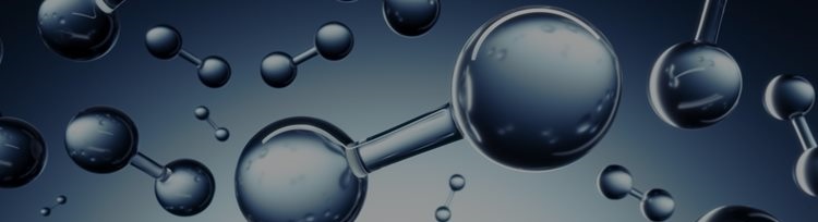 Shiny, metallic 3D molecules with two connected spheres float against a gradient blue background, conveying a futuristic and scientific atmosphere.