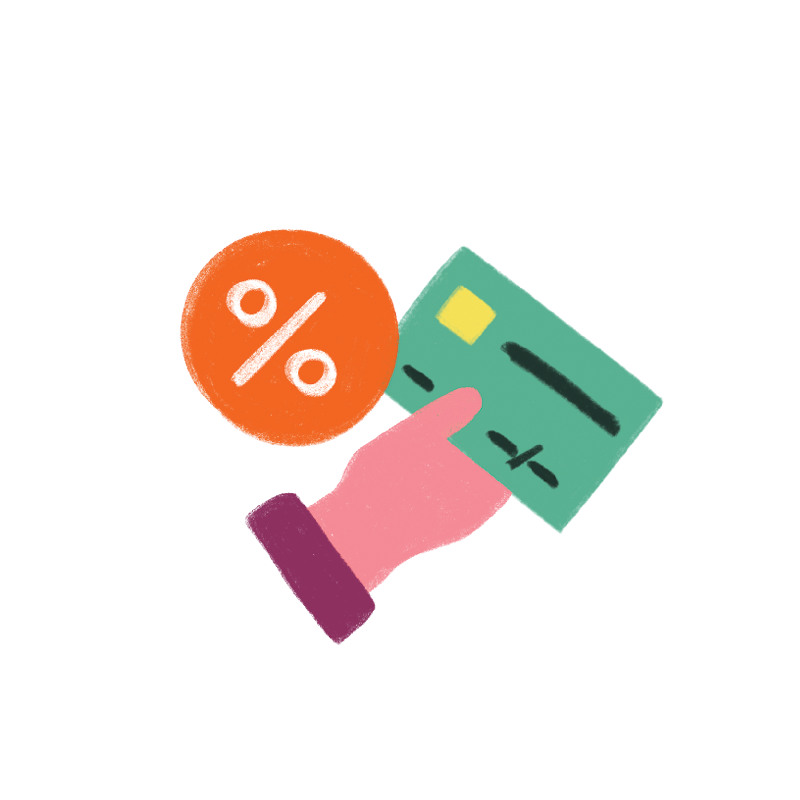 A hand holds a green credit card with a yellow chip, next to an orange circle with a white percentage symbol, against a black background.