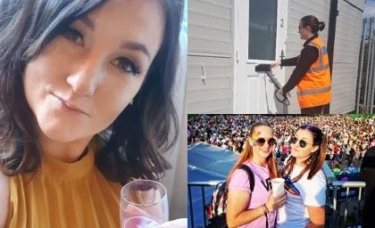 Three-photo collage: close-up of a woman with dark hair, subtly smiling; high-visibility vest worker knocking on a door; two women at a crowded outdoor event.