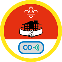 Scout badge with a red top and white bottom. Features a fleur-de-lis, a handshake in front of a building, and a CO symbol with waves, encircled in yellow.