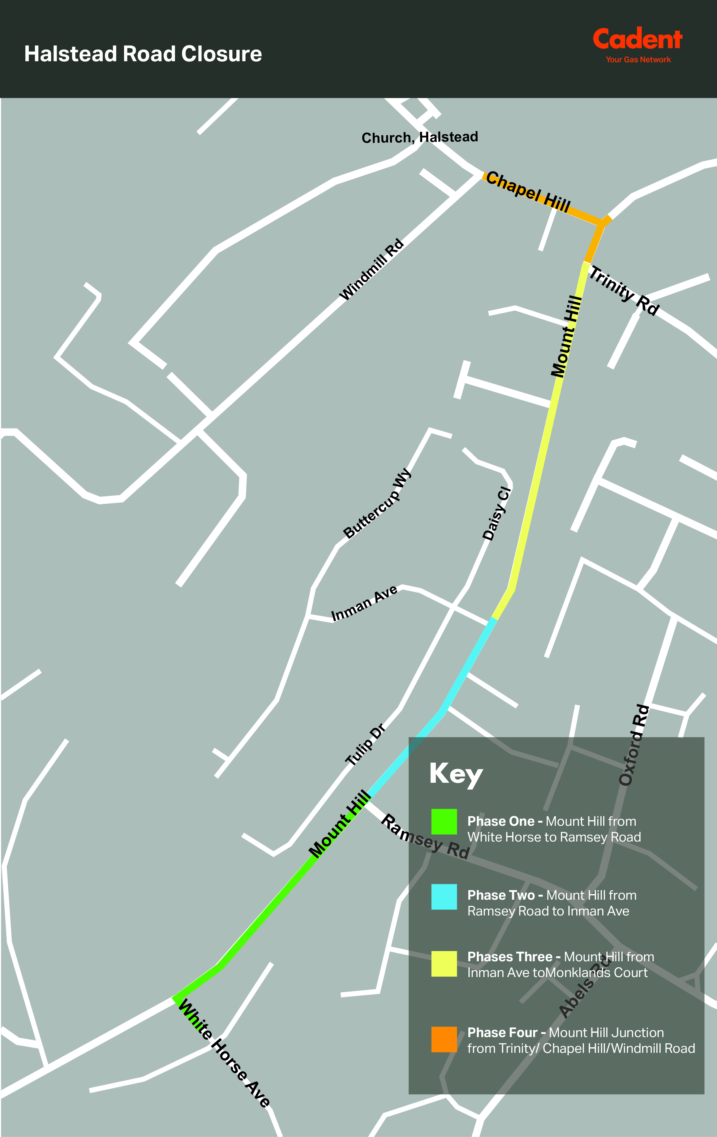 Map of a residential area showing planned roadworks, including highlighted routes, road closures, traffic controls, and work durations.