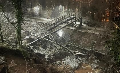 A fallen tree lies across a snowy, dimly lit park with a metal footbridge above a muddy creek. The scene feels cold and desolate, illuminated by overhead lights.