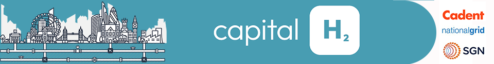 Stylized London skyline in white on a teal background with text "capital H₂." Company logos (Cadent, National Grid, SGN) are on the right.