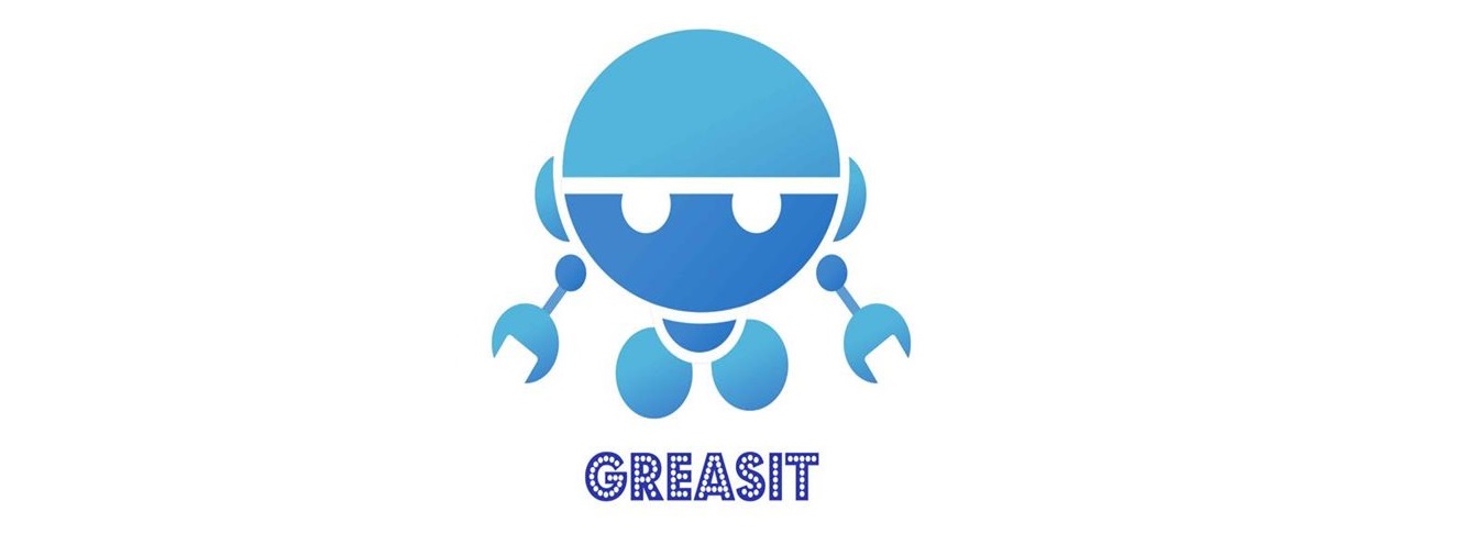 Iconic blue robot logo with a smiling face, circular head, and wrench-like arms. Text below reads 'GREASIT' in bold, dotted letters. Playful tone.