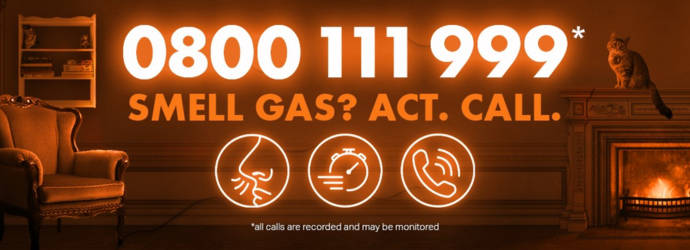 A safety message message graphic urging to call 0800 111 999 if gas is smelled, displayed against a cosy home setting. 3 icons depicting: smell, action, and ringing