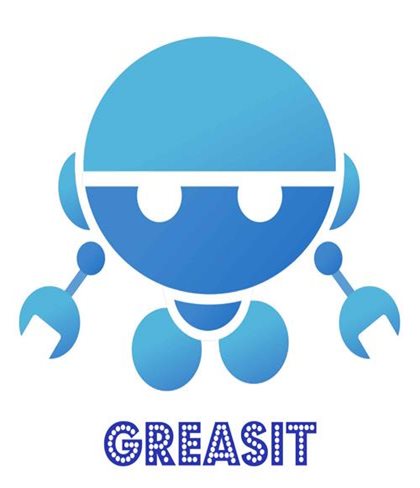 Iconic blue robot logo with a smiling face, circular head, and wrench-like arms. Text below reads 'GREASIT' in bold, dotted letters. Playful tone.
