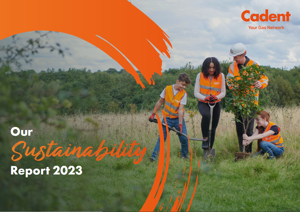 Cadent's 2023 sustainability report cover image - Image of a woman, man and two children in a field all dressed in high-viz jackets working together to plant a tree. the image is overlayed by the Cadent C brushstroke icon and title of the report 'Our sustainability report 2023'