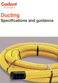 A coiled yellow ducting hose with a black fitting, accompanied by the title "Cadent Ducting Specifications and guidance."