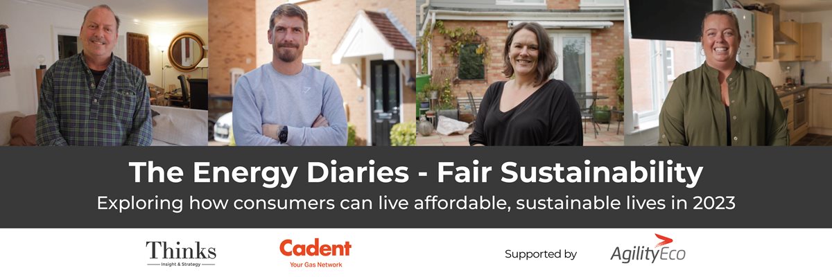 Report cover: The Energy Diaries – Fair Sustainability. Exploring how consumers can live affordable, sustainable lives in 2023. Logos of Thinks, Cadent, and AgilityEco included.