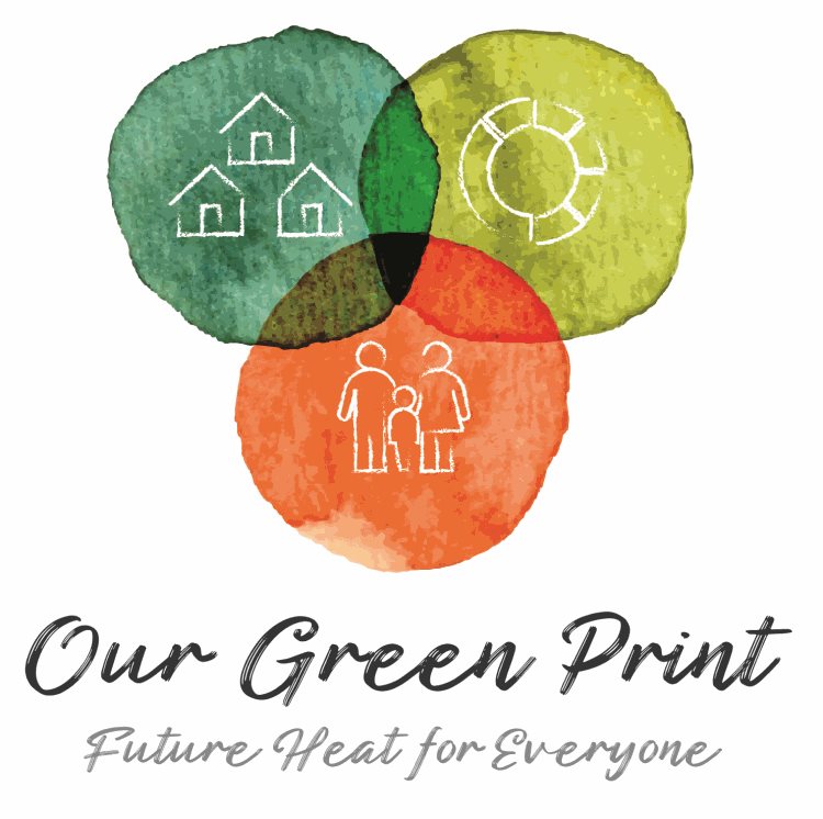 Three overlapping circles in watercolors: green with houses, yellow with a pie chart, orange with a family. Text: 