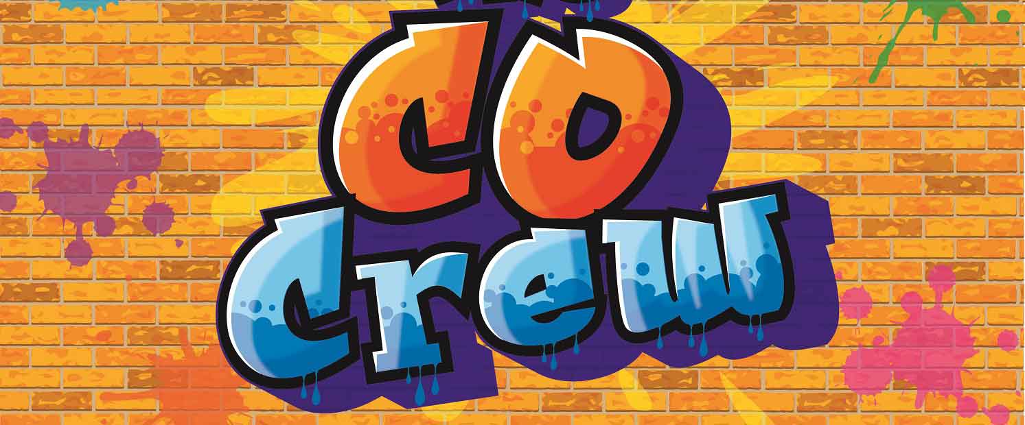Colorful graffiti-style text reading "Co Crew" against a vibrant, painted brick wall background