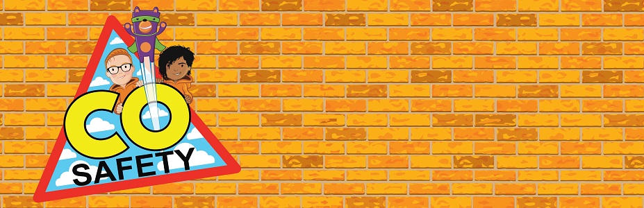 A colorful safety-themed graphic featuring a triangle with "CO SAFETY" text, characters, and a cartoon background of yellow bricks.
