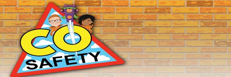Colorful logo featuring two kids and a purple character promoting CO safety, set against a brick wall background.
