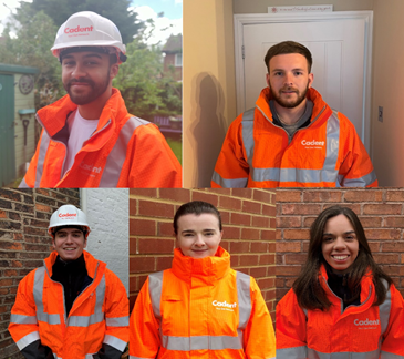 Six people wearing bright orange high-visibility jackets and some with hard hats, smiling. They appear confident and professional, standing outdoors and indoors.