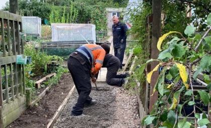 Three people are working on a garden path, laying gravel. Surrounding them are green plants and a wooden shed in the background, conveying teamwork.