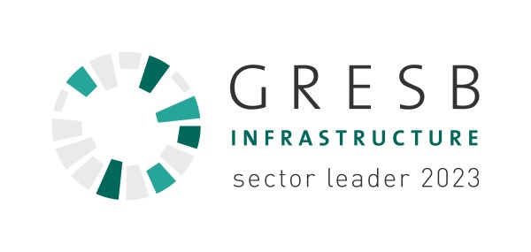 Logo for GRESB Infrastructure Sector Leader 2023, featuring a circular symbol of green and gray segments next to the text on a white background.