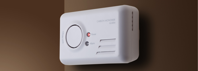 A white carbon monoxide alarm mounted on a wall
