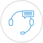 Blue icon of a headset with a speach bubble above, inside of a grew circle