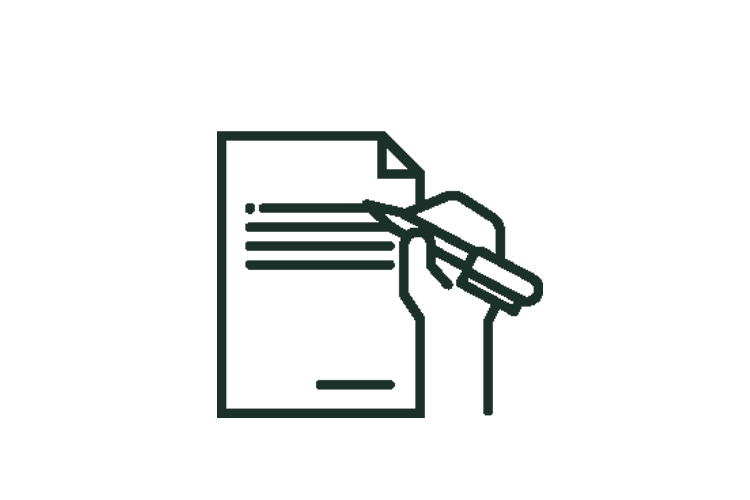 Line drawing of a hand holding a pen, writing on a sheet of paper with lines