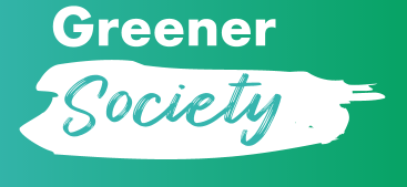 'Greener Society' icon. Green and turquoise gradient background, 'Greener' written in white, 'Society' inside if a white brushroke image written in green