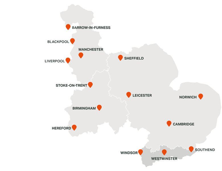Map of the UK highlighting Cadent's regional networks with North London shaded in a darker grey. Featuring orange markers for cities including Manchester, Birmingham, Sheffield, and more, on a neutral background.