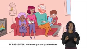 A family of four sits on a couch, engaged with their phones, while a cosy fireplace and birdcage add warmth to the living room setting. A sign language interpreter is in the foreground.