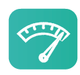 White gauge icon on a teal background, with a needle pointing towards a high value