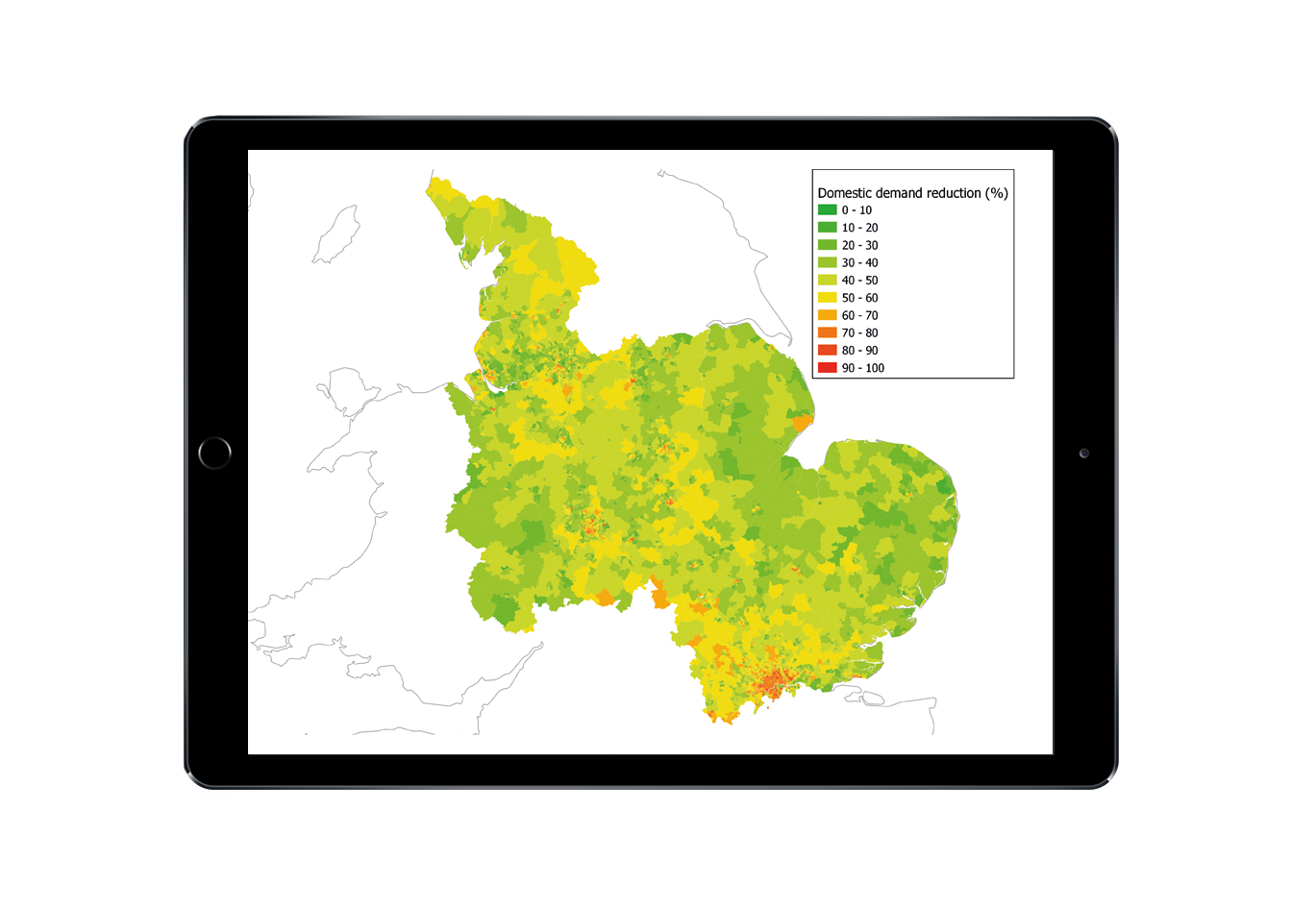 A color-coded map on a tablet displaying domestic demand reduction percentages across different regions, ranging from 0% to 100%.