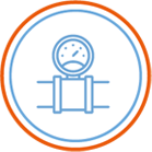 Blue icon of a gas pressure gauge on a pipe, inside of blue and orange circles. Icon represents 'Keeping the energy flowing safely & reliably'