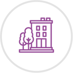 Purple icon of a three story residential building with two trees outside, inside a grey circle