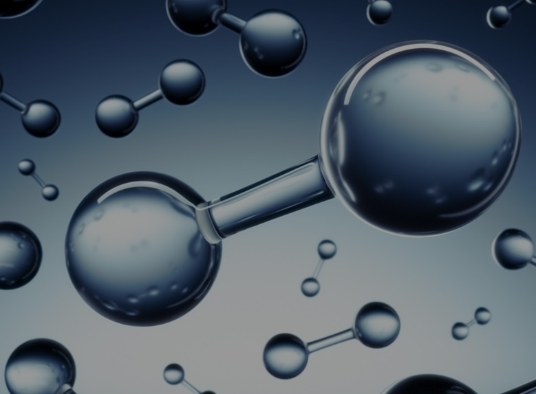 Abstract illustration of metallic-looking molecules with varying sizes, interconnected by thin bonds against a gradient background.