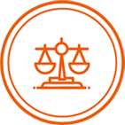 Red icon of balanced scales, inside of two red circles