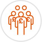 Red icon of a croud of people with cash symbols on their chests, inside of a grey circle