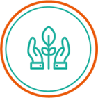 Green icon of two hands holding a plant with two leaves, inside green and red circles