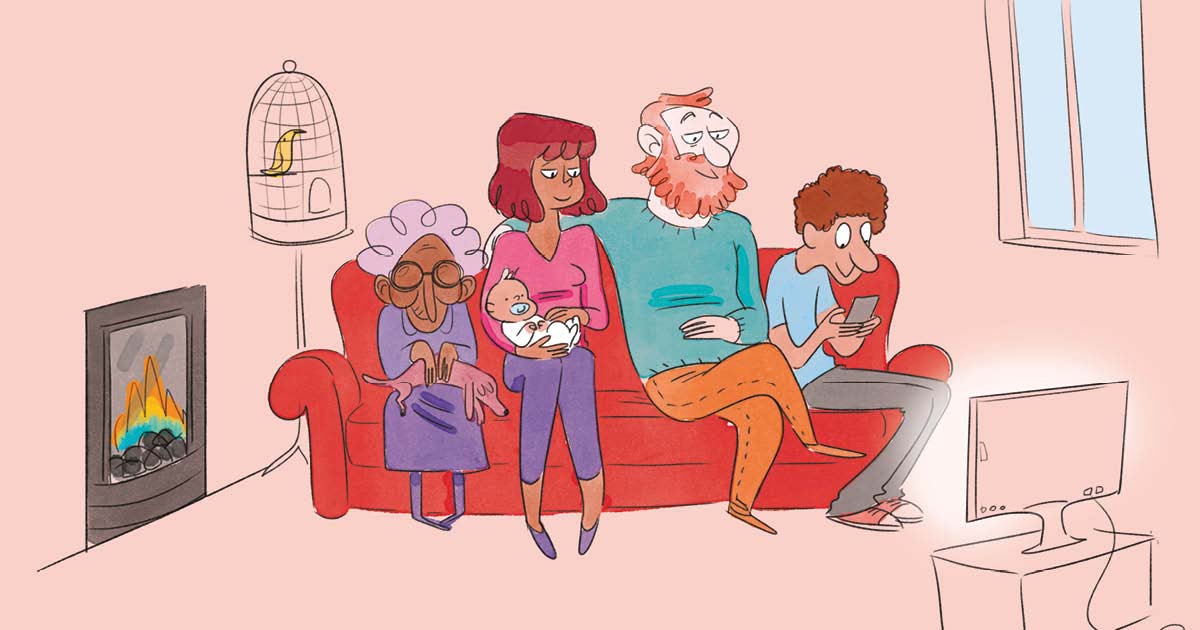 A cartoon family of four sits on a red couch, watching TV, with a cat, baby and birdcage