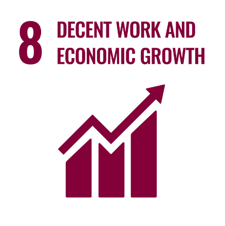 Deep red icon of a graph and arrow showing growth. The number eight and 'decent work and ecconomic growth' is written above