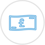 Blue icon of a money bill, inside of a grey circle