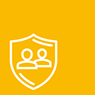An illustration of a shield representing security, featuring two figures inside, symbolizing protection and safety. Background in vibrant yellow.