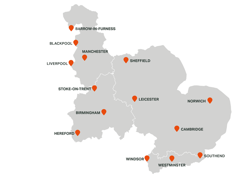Map of the UK highlighting Cadent's regional networks. Featuring orange markers for cities including Manchester, Birmingham, Sheffield, and more, on a neutral background.
