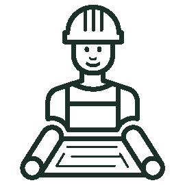 A cheerful construction worker in a hard hat, holding blueprints