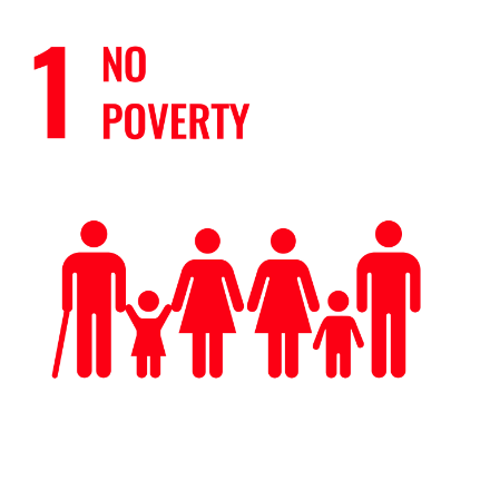 Red icon of a diverse group of people holding hands, include an older person with a walking stick, a man, two women and two children. The number one and 'no poverty' is written above the icon