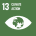 The image depicts a green square with a white eye symbol. Inside the eye is a globe. In the top left corner, the number 13 and the text Climate Action are displayed, representing Sustainable Development Goal 13.