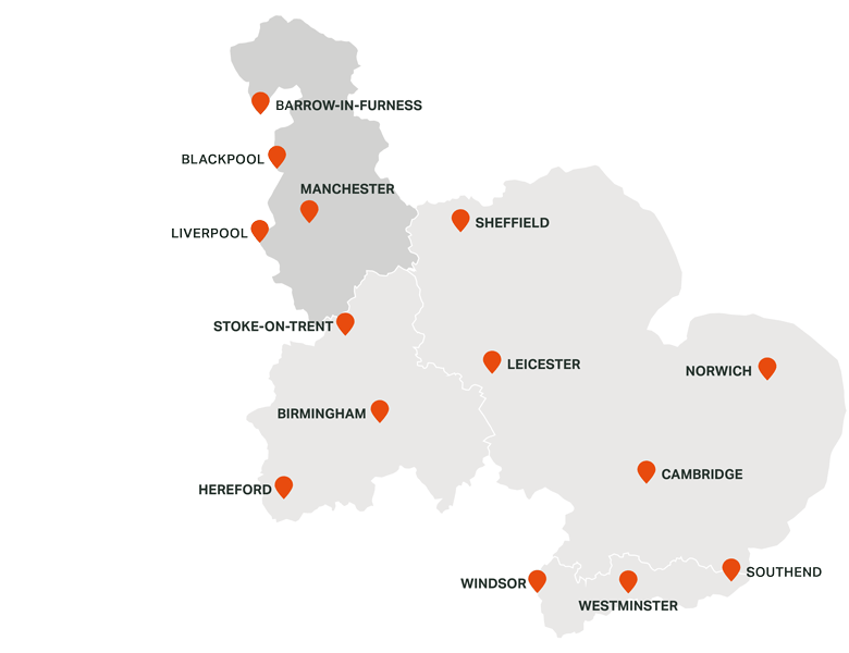 Map of the UK highlighting Cadent's regional networks with North West picked out. Featuring orange markers for cities including Manchester, Birmingham, Sheffield, and more, on a neutral background.