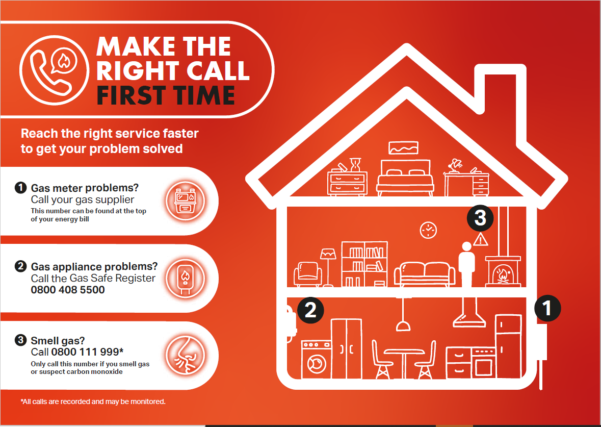 For problems with the gas meter call your gas supplier. Problems with your gas appliance call the gas safe register on 0800 408 5500. If you can smell gas or suspect carbon monoxide call 0800 111 999.