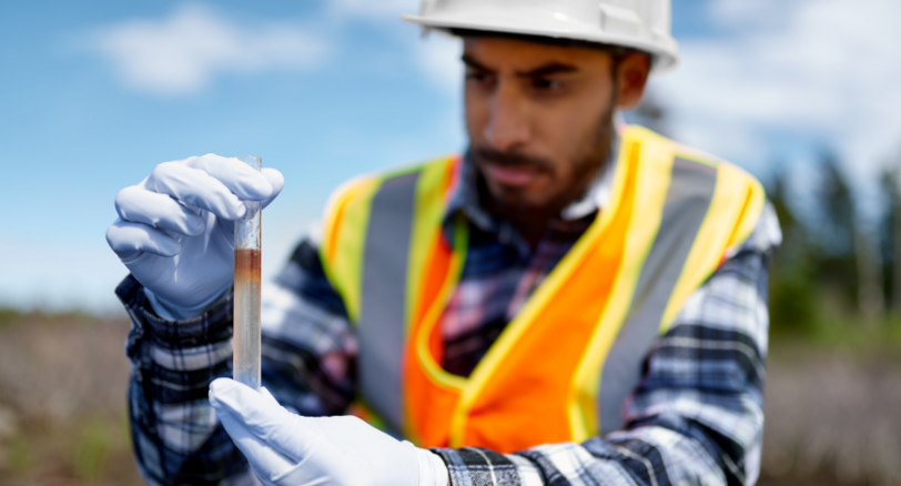 A male worker in a field dressed in a high-viz, hard hat and checked shirt tested the soil using a test tube filled with chemicals (clear at the bottom and brown at the top)