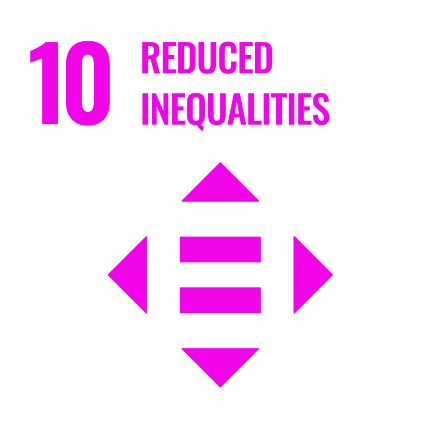 Neon pink icon of an equals sign surrounded by four triangles to make up a diamond. The number 10 and 'reduced inequalities' is written above