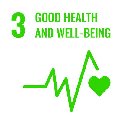 Green icon of a heatbeat line with a heart at the end of the line. The number three and 'Good health and well-being' is written above