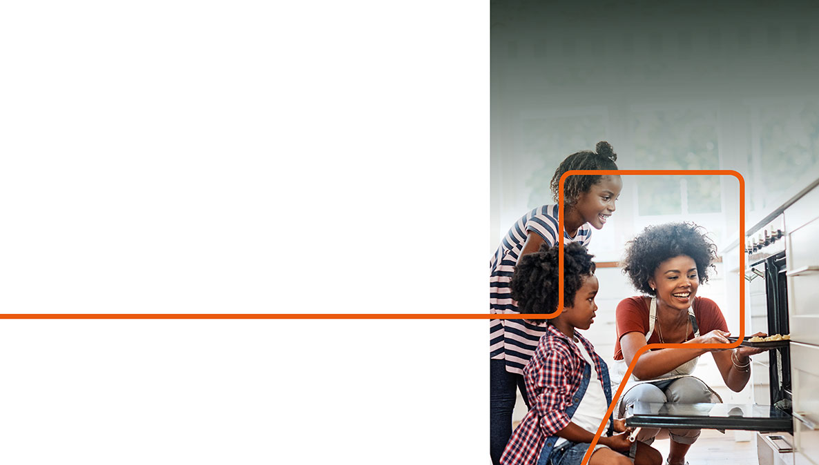 Cadent report cover image. Landscape image, left side is blank. Right side features a family in a kitchen, with the mother checking food inside the oven while her two children wait eagerly. Cadent branded orange line runs horizontally across the image.