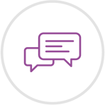 Purple icon of two speach bubbles, inside of a grey circle
